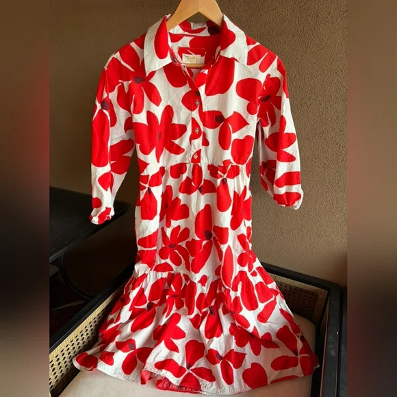 Maeve Anthropologie Bettina Midi Dress Tiered Buttondown Red Flowers SP - Picture 8 of 14